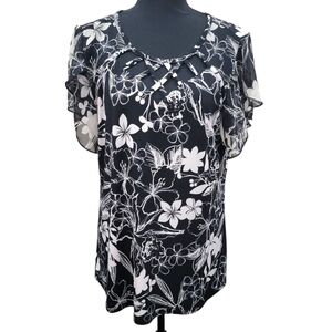 Floral Blouse XL Black Tan Ruffle Sheer Sleeve Stretch Top EUC